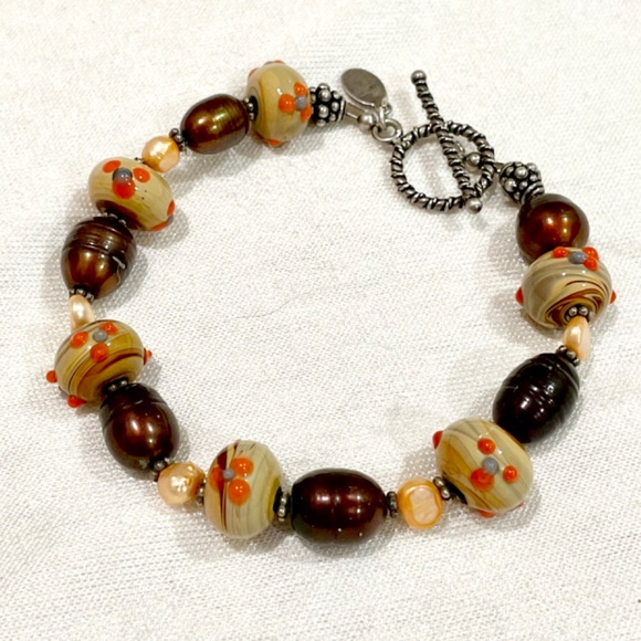 Donna Dressler Sterling Silver Wedding Cake Glass Bead Pearl Bracelet SIGNED - Picture 6 of 10